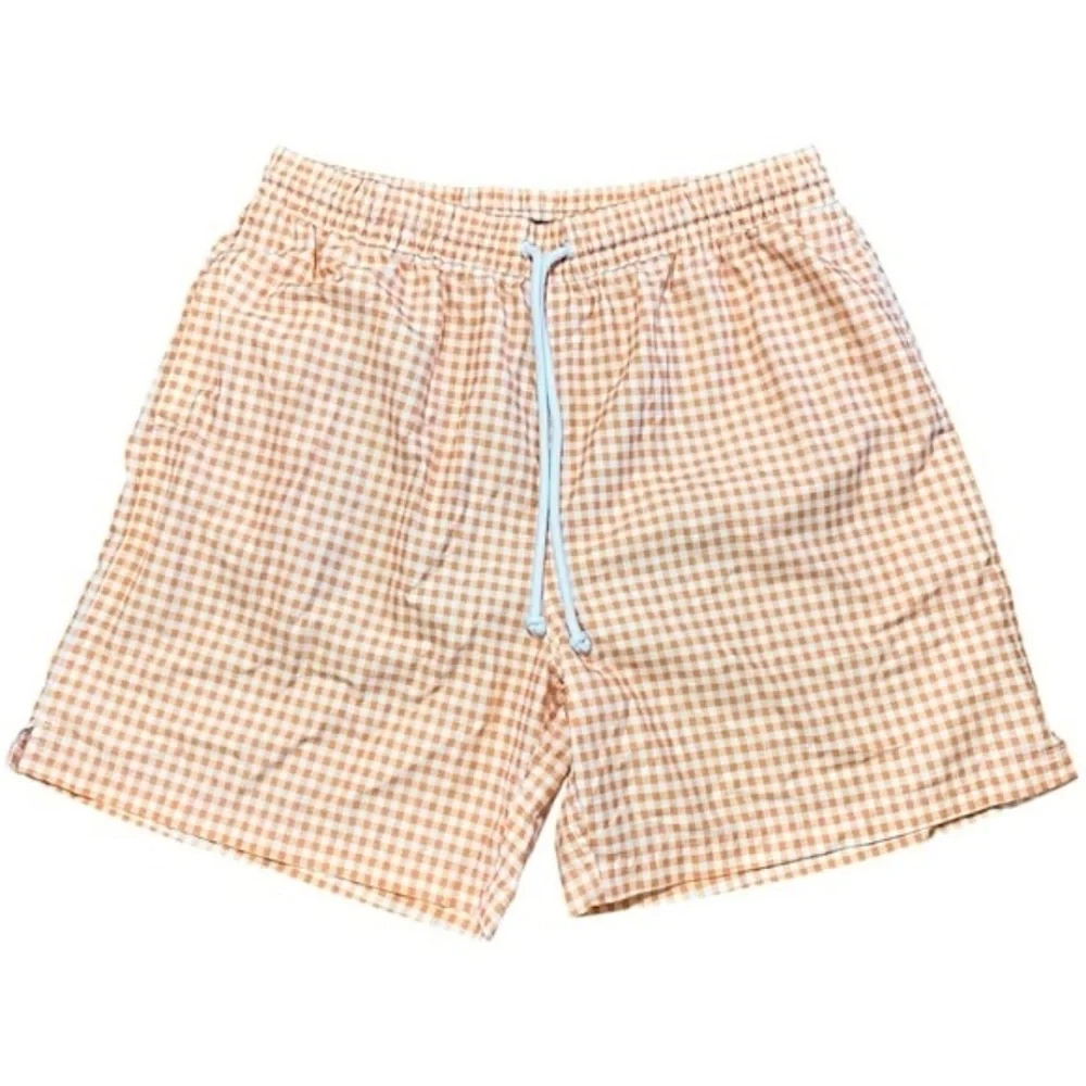 TailorByrd Mens Swim Trunks Large Orange White Gingham 6” Inseam Lined Pockets